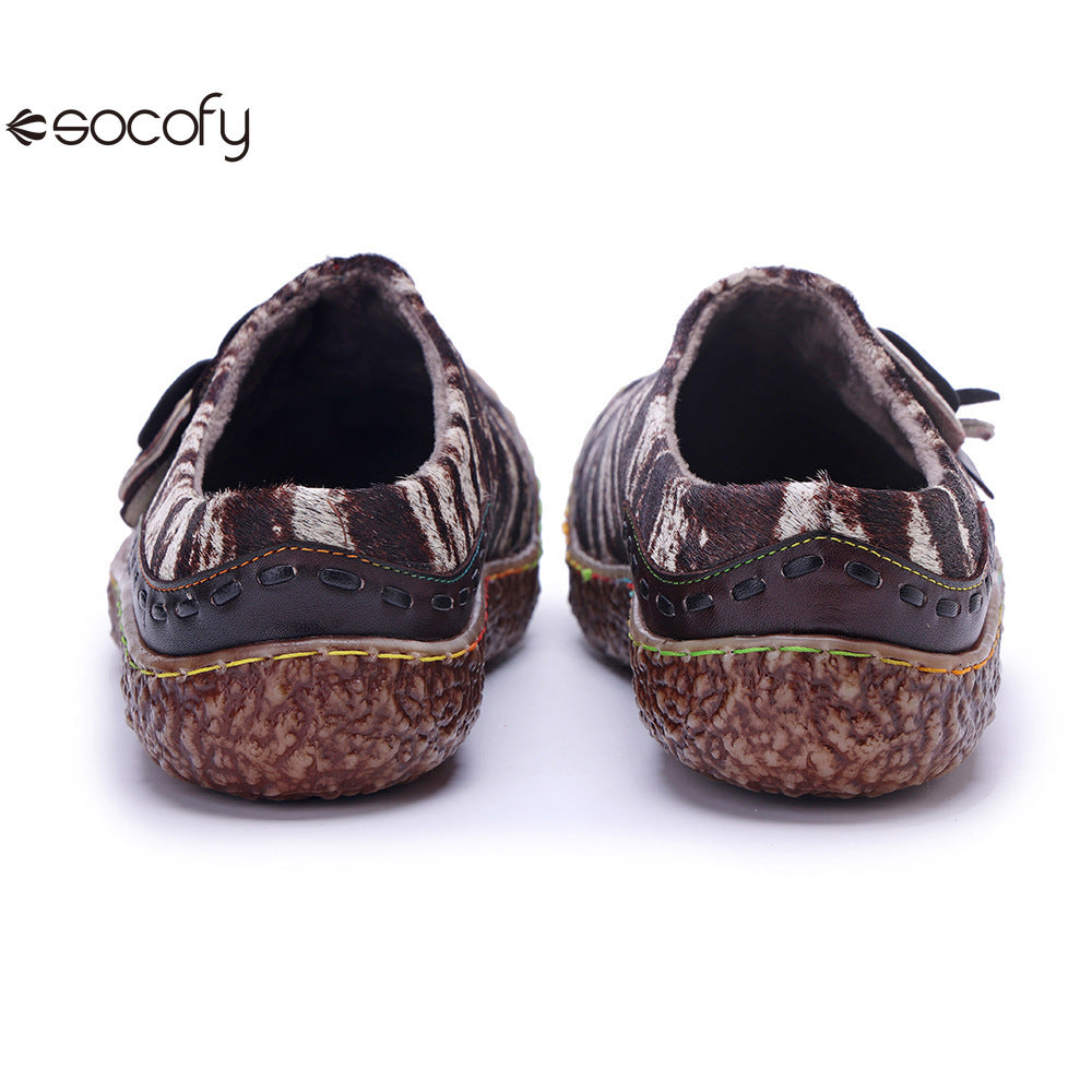 Socofy Vicconfy Genuine Leather Pony Hair Cubic Flower Retro Comfort Loafers