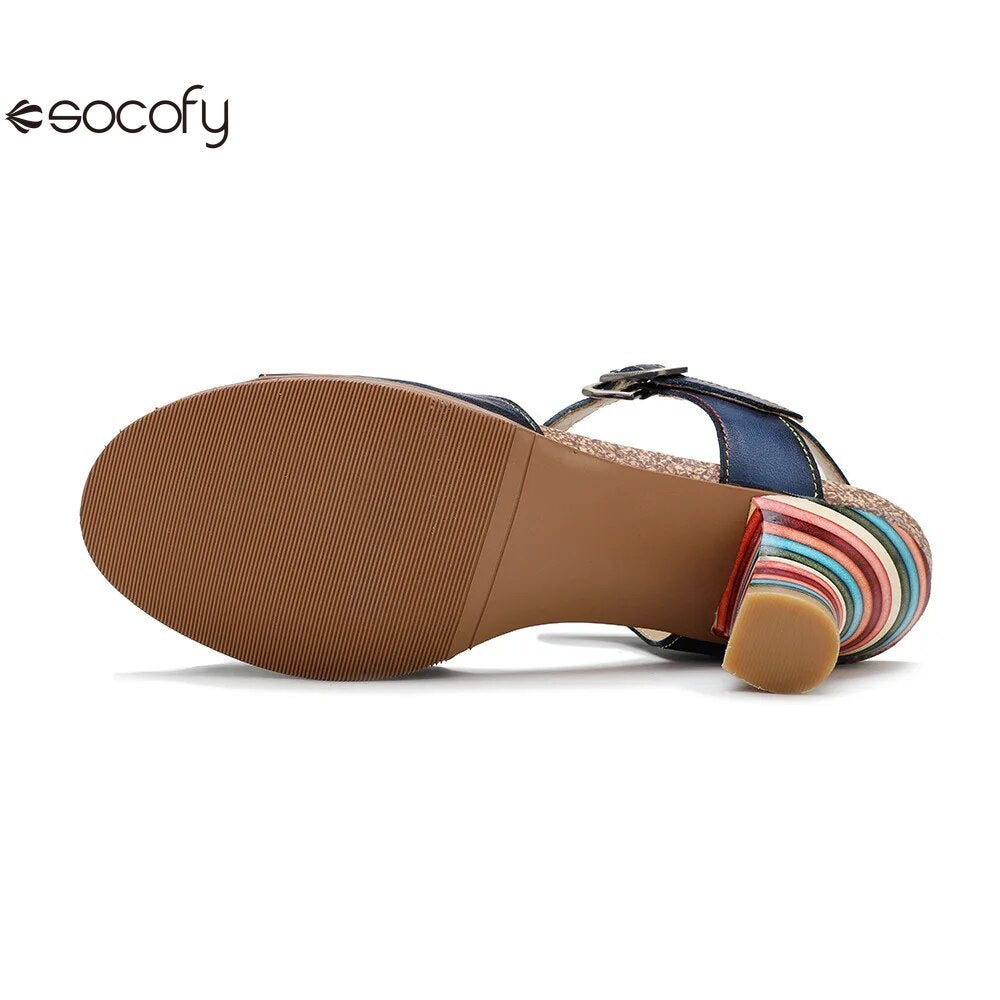 Socofy Genuine Leather Hand-painted Retro Contrast Comfortable High Heeled Sandals