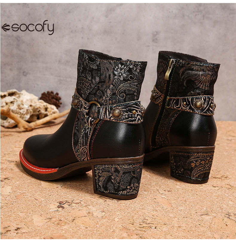 Socofy Vicconfy Ethnic Women's Leather Boots Side Zipper Fashion Boots