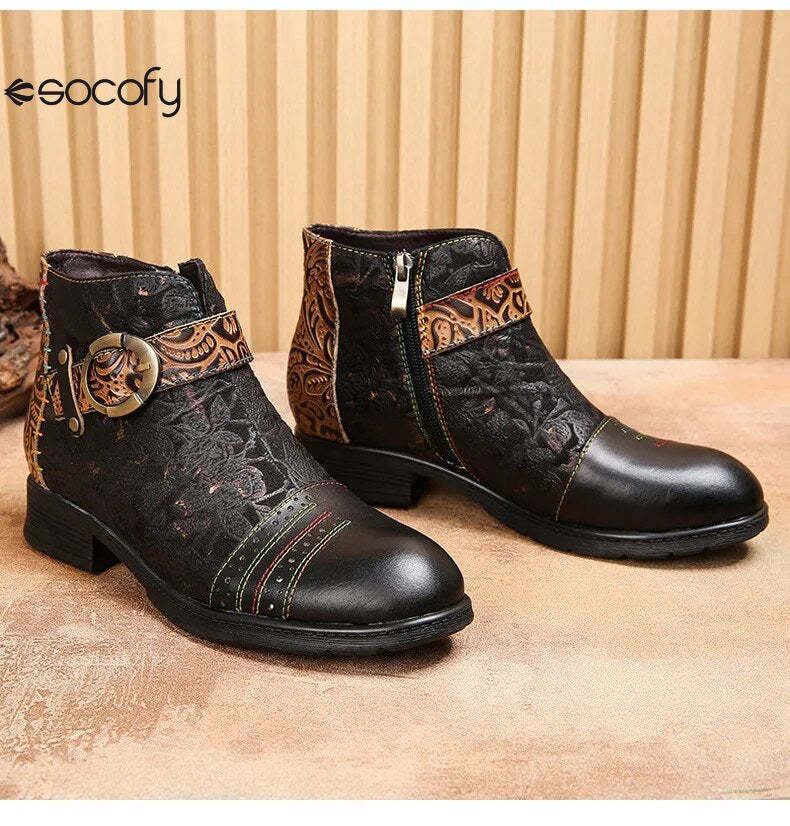 SOCOFY Genuine Leather Ethnic Style Round Toe Belt Buckle Handmade Embossing Short Boots