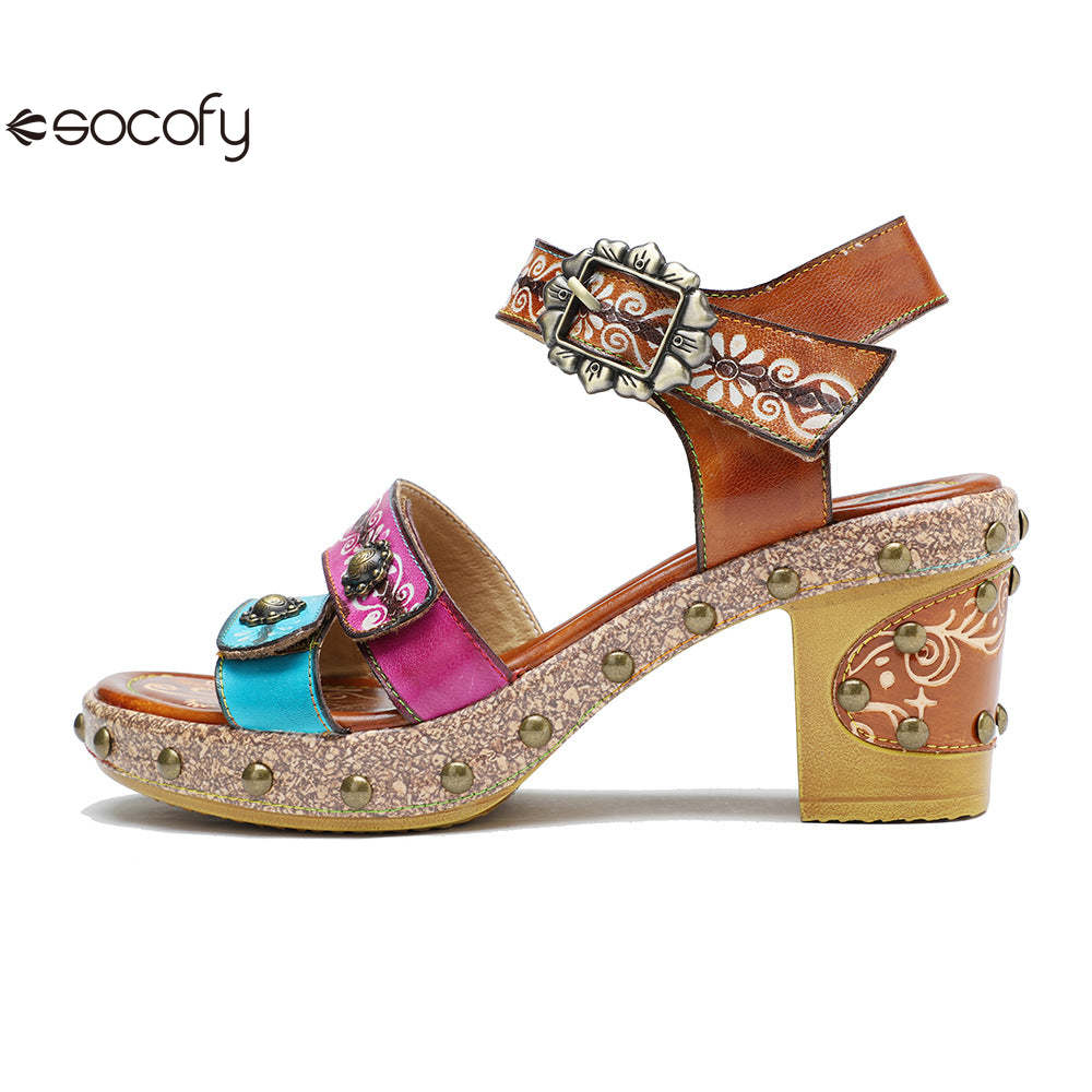 Socofy Summer Leather Retro Rivet Clash Colour High Heeled Sandals