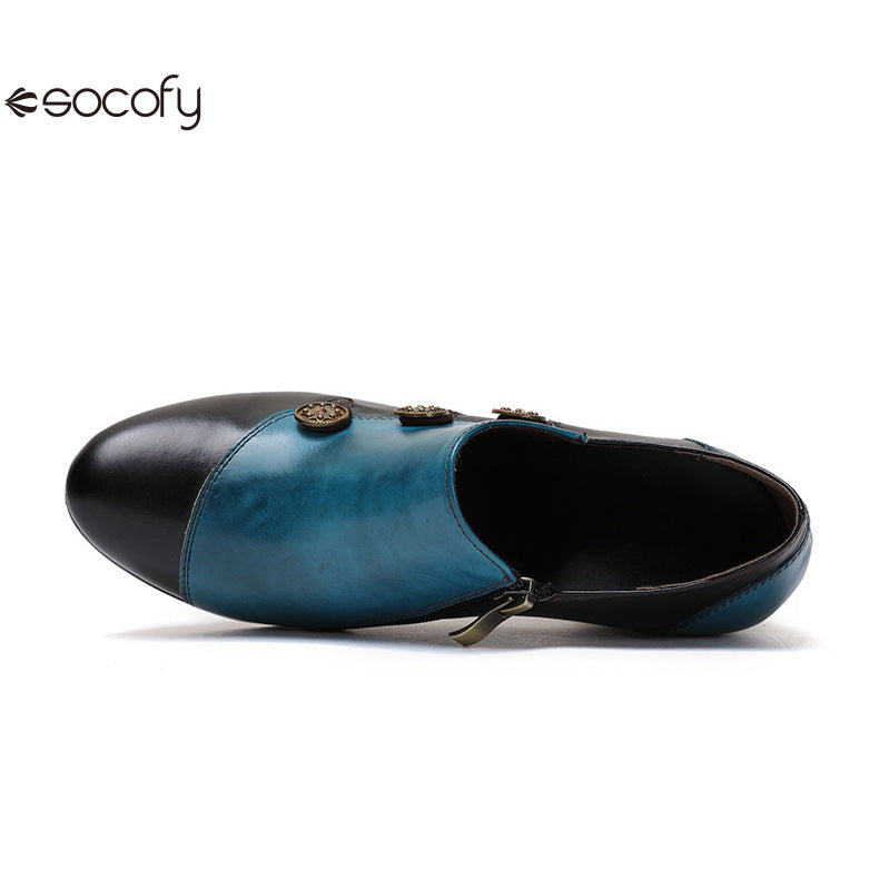 Socofy Vicconfy Genuine Leather Ethnic Style Handmade Vintage Literary Buckle Heels