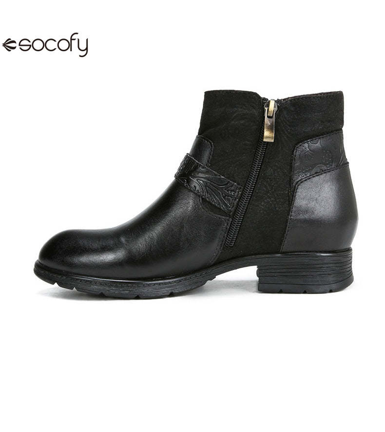 Socofy Vicconfy Women's Round Toe Cowhide Ethnic Leather Boots Fashion Boots