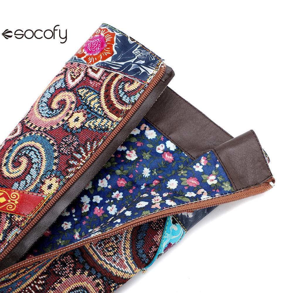 Socofy Leather Vintage Print Chunky Heel Knee Women's Boots