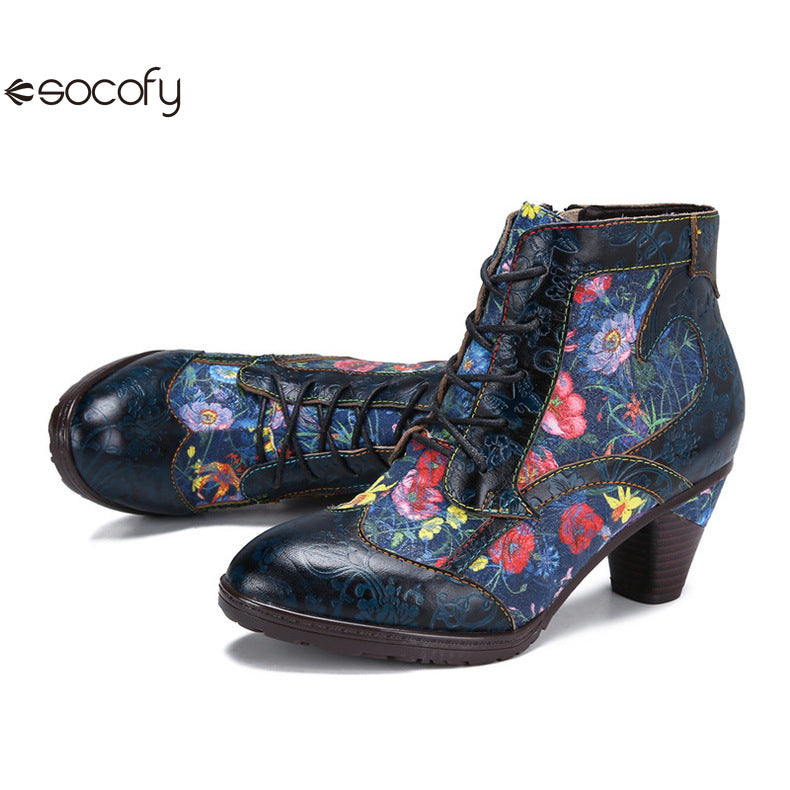 Socofy Vicconfy Vintage Floral Cowhide Ethnic Women's Leather Boots