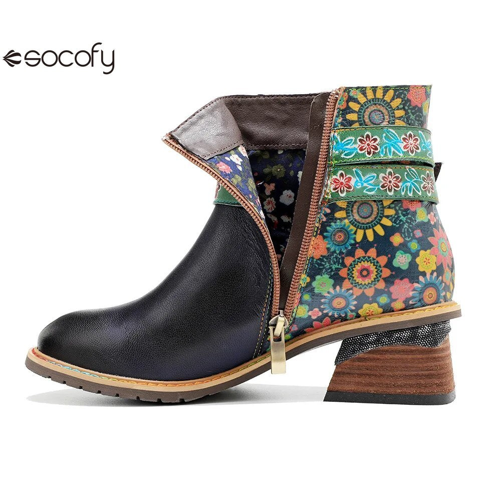 SOCOFY Belt Buckle ZIP Genuine leather Flower Splicing British Style Ankle Boots