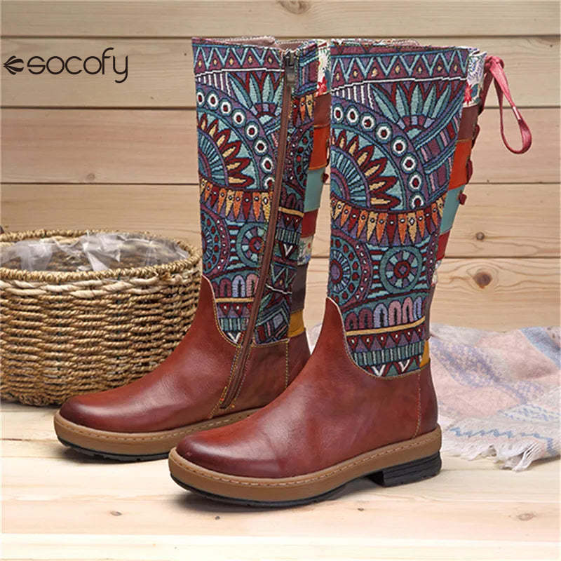 Socofy Vinatge Handmade Knee High Boots For Women Genuine Leather Shoes Women