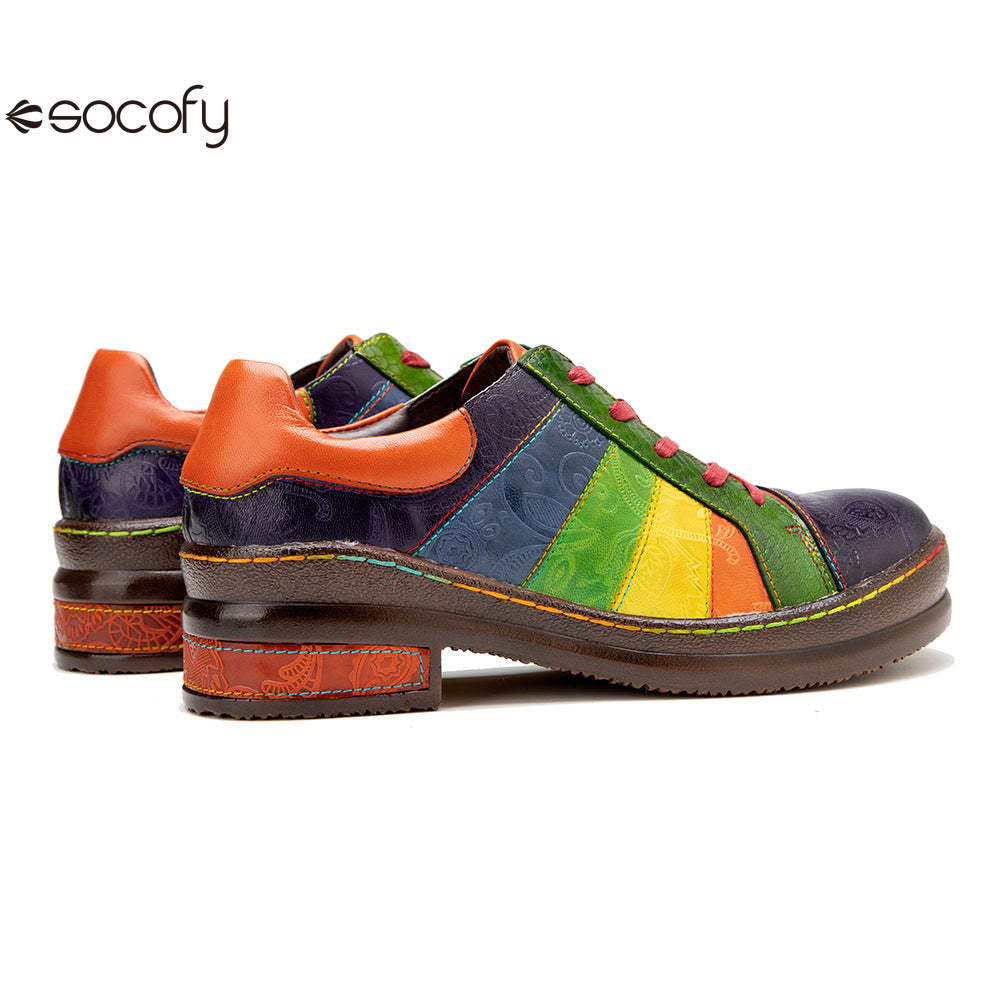 Socofy Colour Patchwork Genuine Leather Women's Flat Shoes