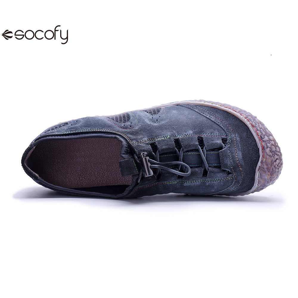 Socofy Vicconfy Genuine Leather Vintage Scuffed Comfort Breathable Mesh Loafers