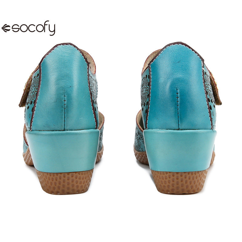 Socofy Genuine leather romantic three-dimensional flowers hollowed out sandals