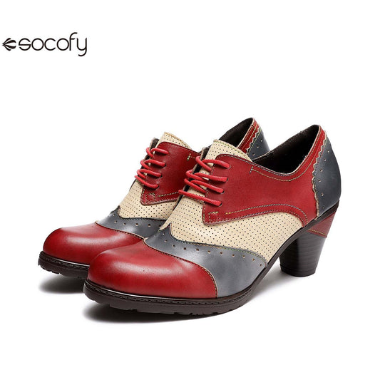 Socofy Thick-heeled retro ethnic style low-top round-toe women pumps 1500