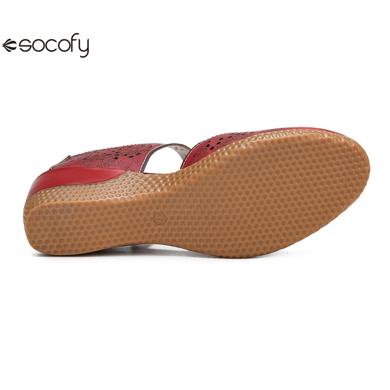 Socofy Genuine leather romantic three-dimensional flowers hollowed out sandals