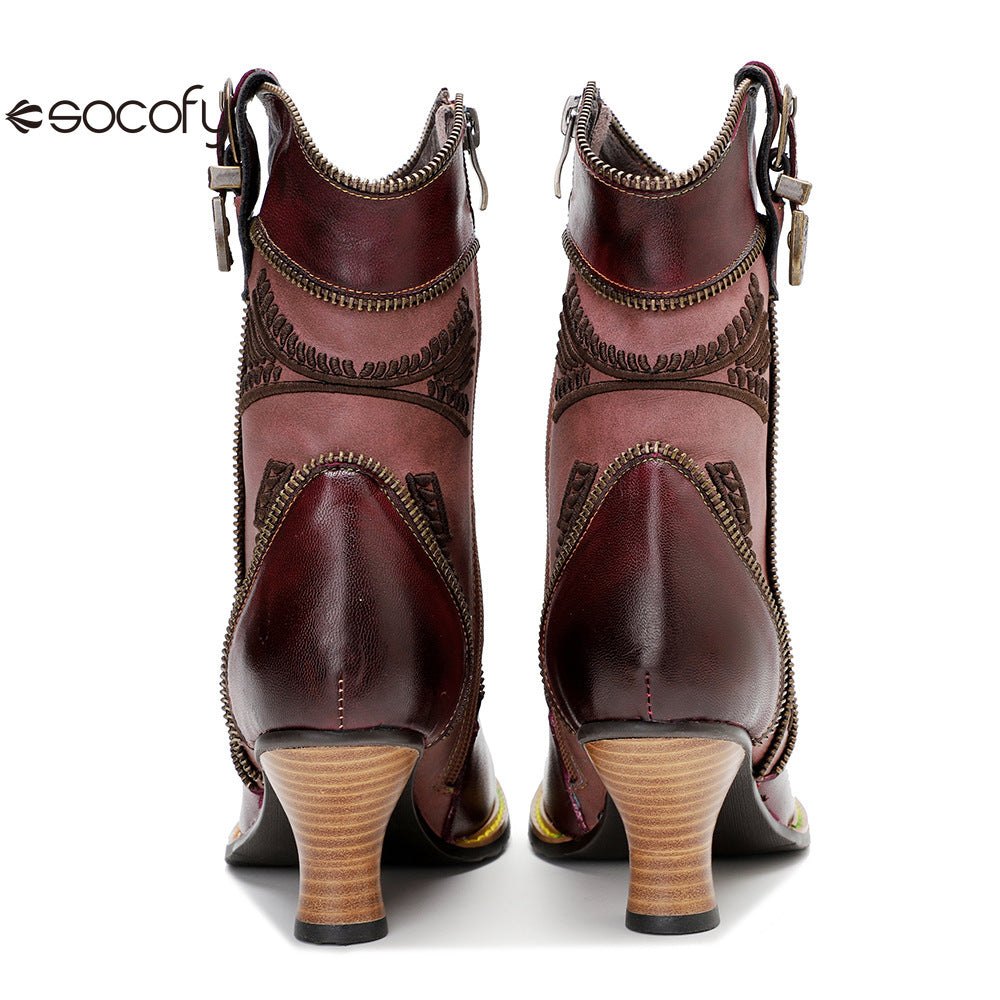 Socofy Vicconfy Leather Electric Embroidered Zipper Ankle Boots