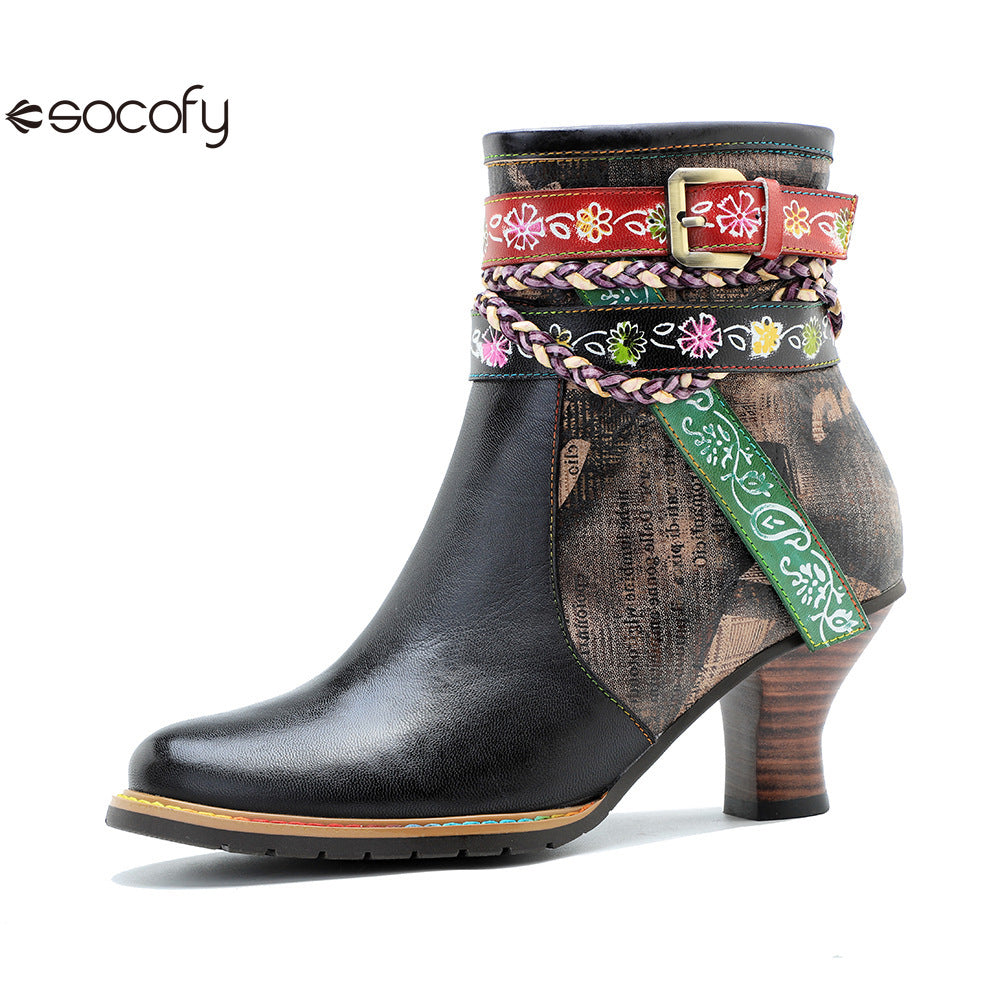 Socofy Vicconfy Genuine Leather Vintage Braided Belt Buckle Boots