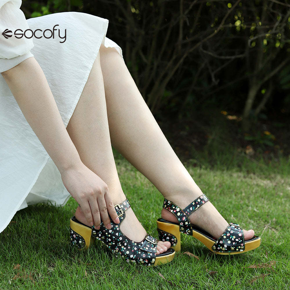 Socofy Leather Vintage Floral American Rustic Heeled Sandals