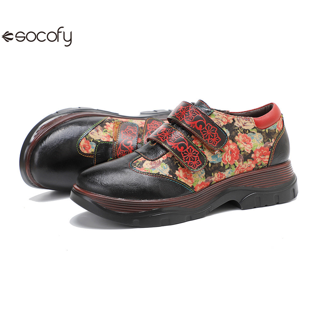 Socofy Vicconfy Genuine Leather Retro Printed Comfort Loafers