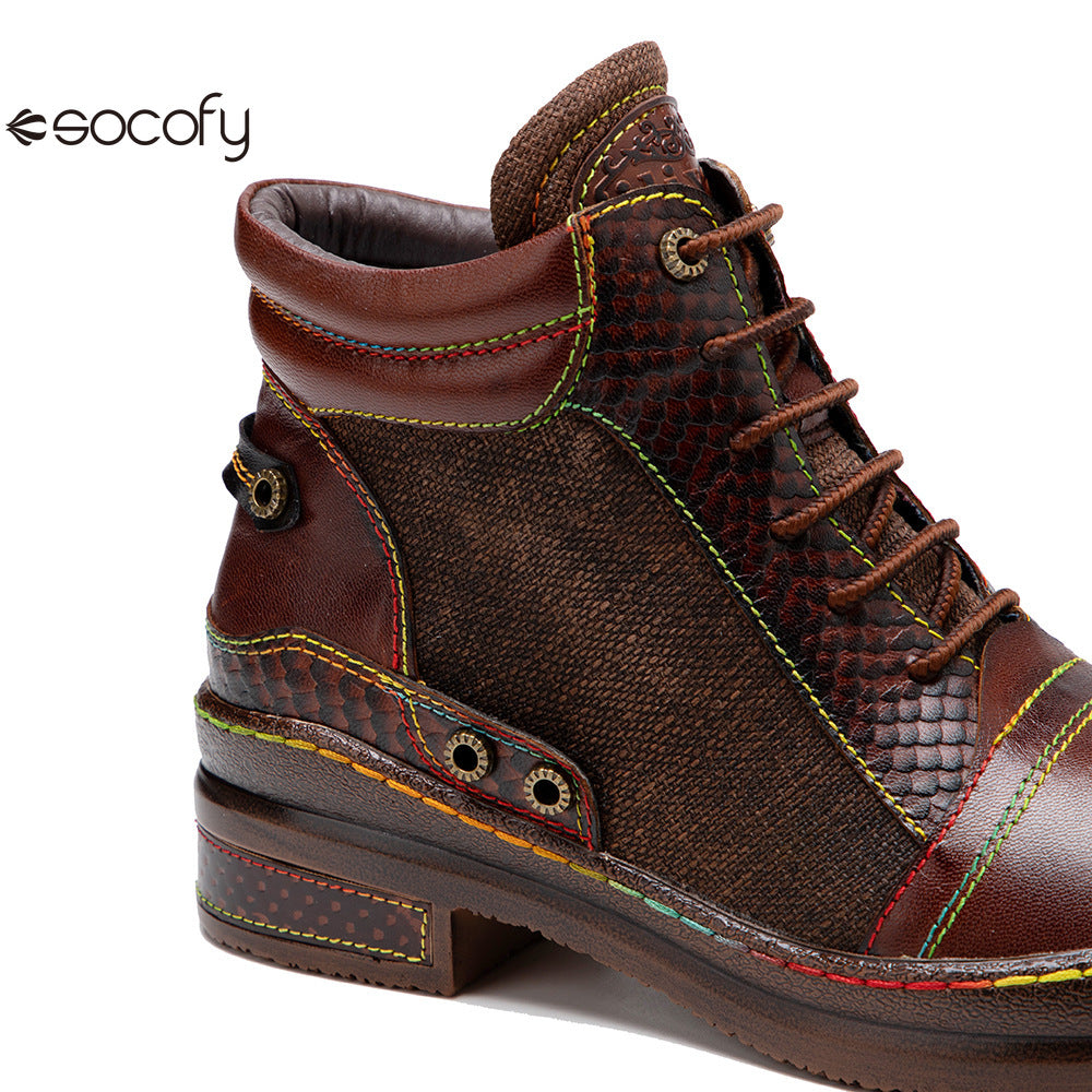 Socofy Vicconfy Genuine leather lace-up vintage biker boots