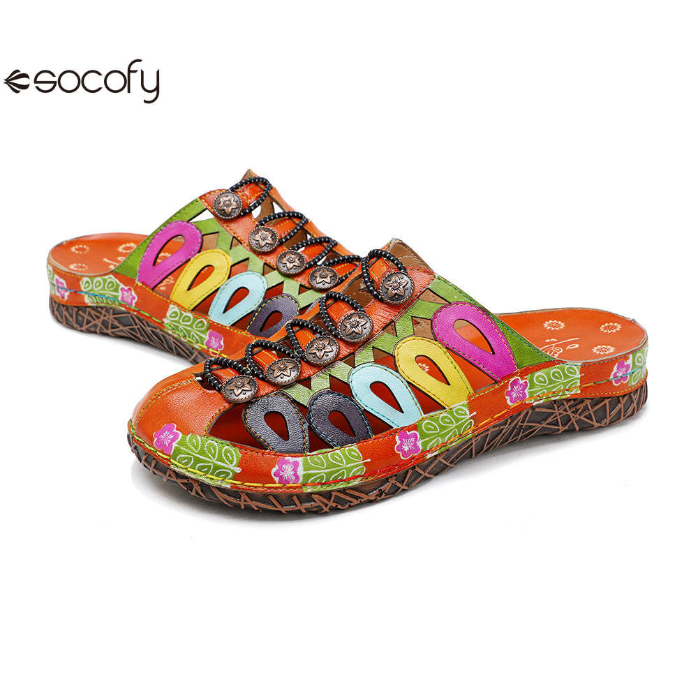 Socofy Summer Leather Hollow Out Buckle Comfortable Flat Women's Slippers