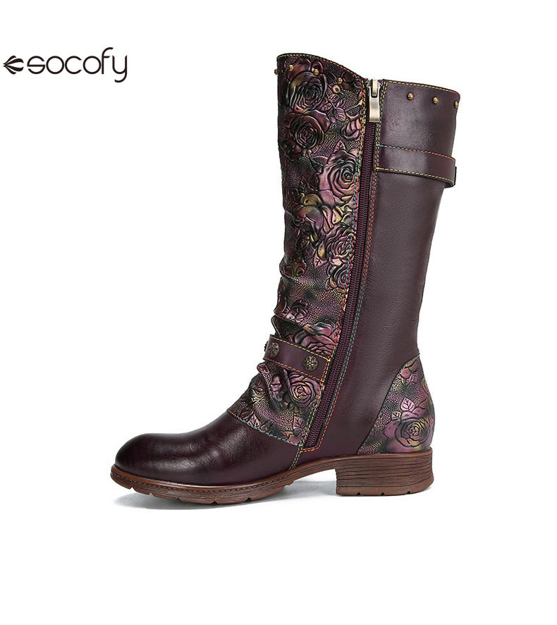 Socofy Vicconfy Side Zipper Vintage Floral Flat Heel Long Boots