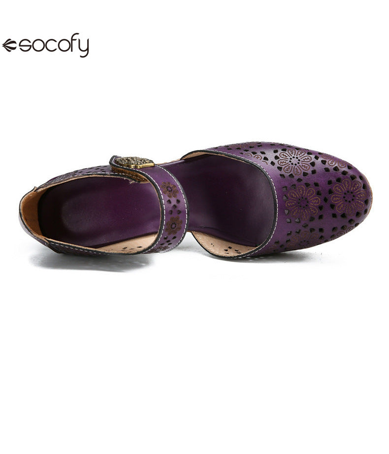 Socofy Genuine leather romantic three-dimensional flowers hollowed out sandals