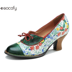 Socofy Vintage Printed Genuine Leather Block Mid Heel Ankle Hook Loop Pumps