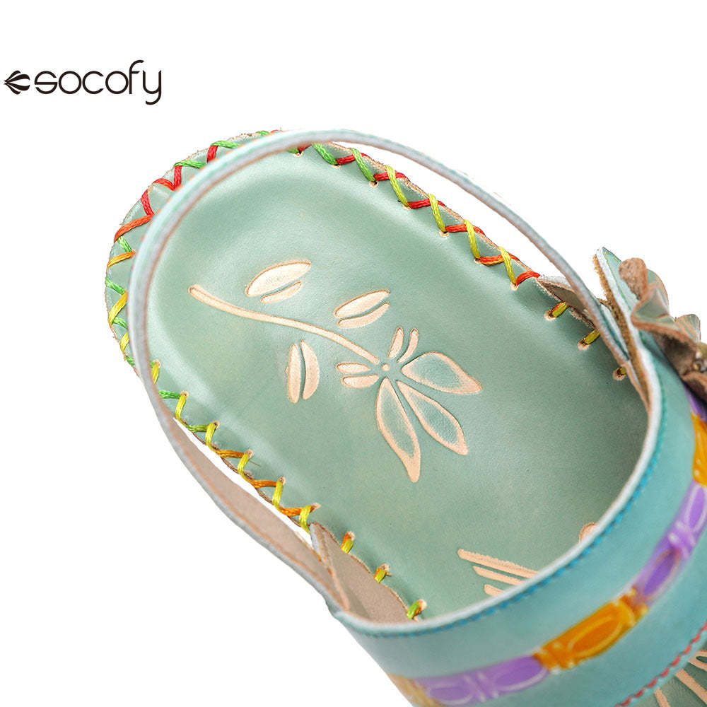 Socofy Vicconfy Genunie Leather Floral Handmade Women's Sandals