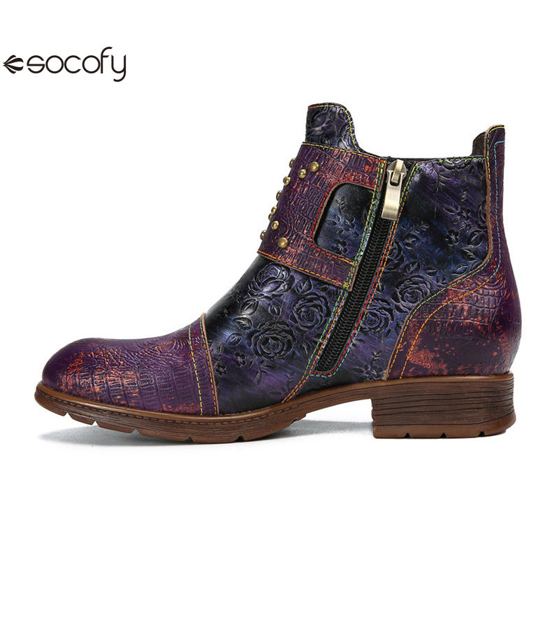 Socofy Vicconfy Genuine Leather Ethnic Vintage Rivet Belt Buckle Boots