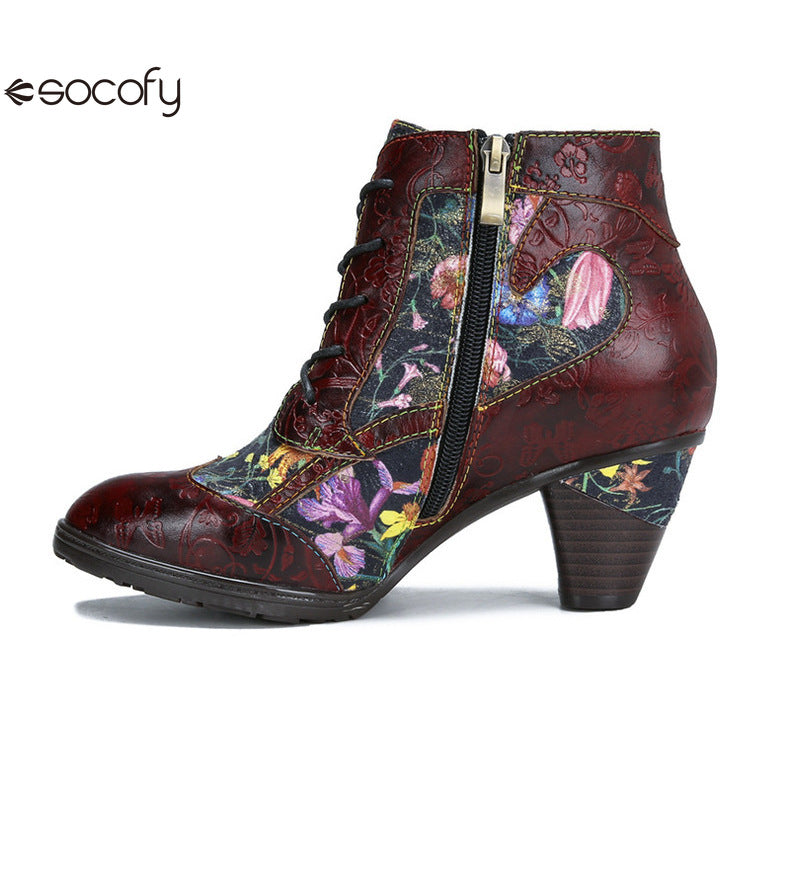 Socofy Vicconfy Vintage Floral Cowhide Ethnic Women's Leather Boots