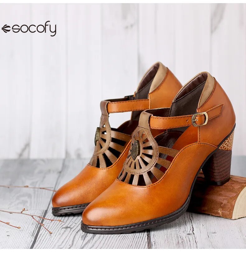 Socofy Retro Genuine Leather Buckle Strap Toe Square Heels