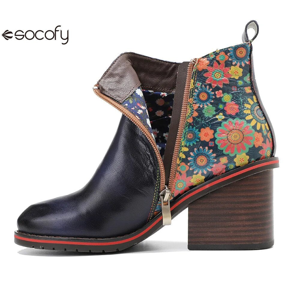 SOCOFY Genuine Leather Winter New Round Toe Patchwork Handmade Ankle Boots