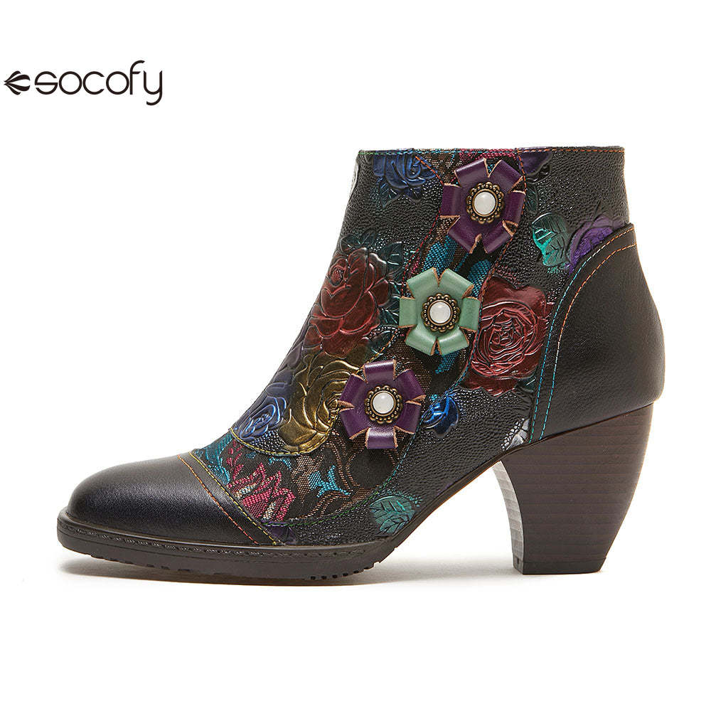 Socofy retro cowhide round toe heightening women's boots