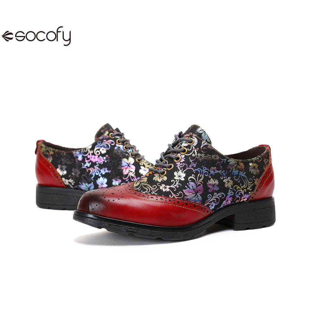 Socofy Ethnic style flower retro cowhide casual women's shoes