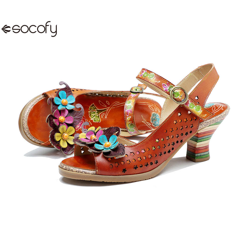 Socofy Summer Genuine Leather Hollow Three-dimensional Flower Comfortable Women's High Heels