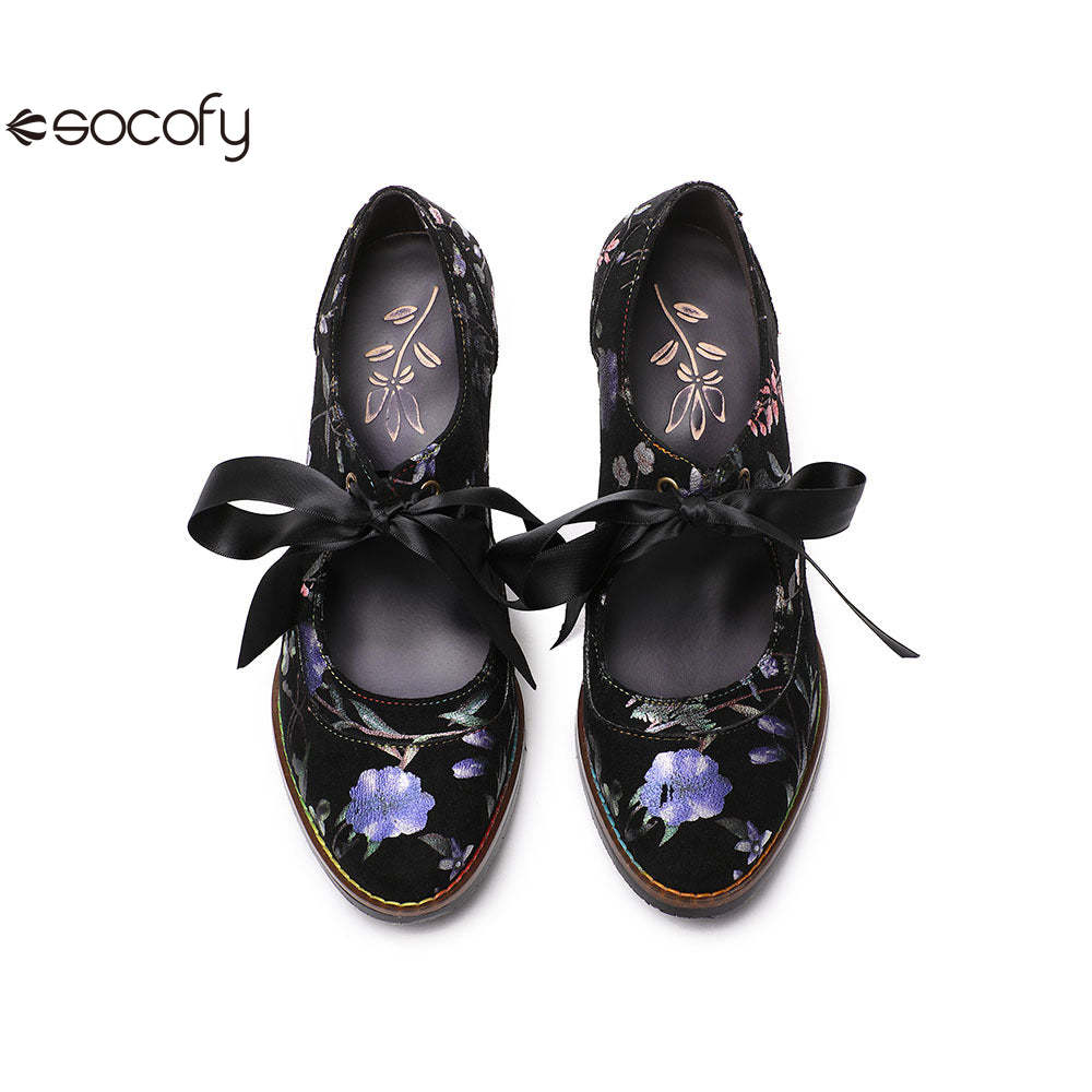 Socofy Flower Antique Style High Heel Round Toe Women's Shoes