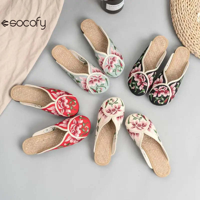 Socofy Spring Summer Outside Embroider Flat Slippers