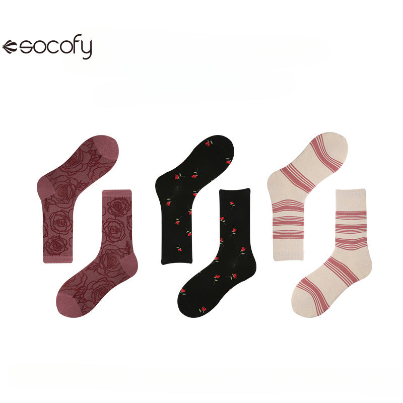 Socofy Vintage mid-calf socks for women combed cotton fashion socks