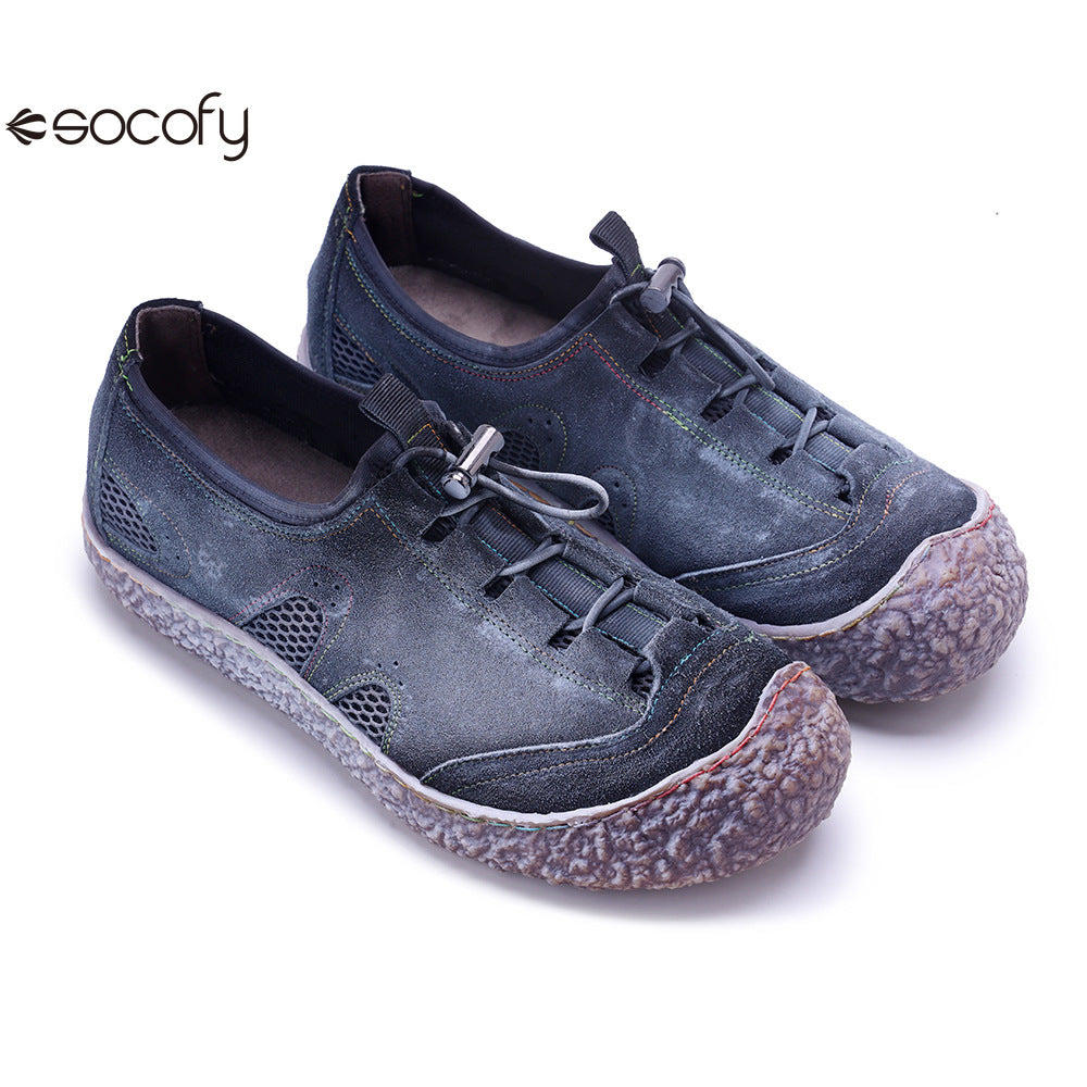 Socofy Vicconfy Genuine Leather Vintage Scuffed Comfort Breathable Mesh Loafers