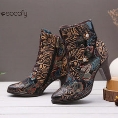 Socofy Vintage Pointed Embroidered Flowers Women's Fashion Boots