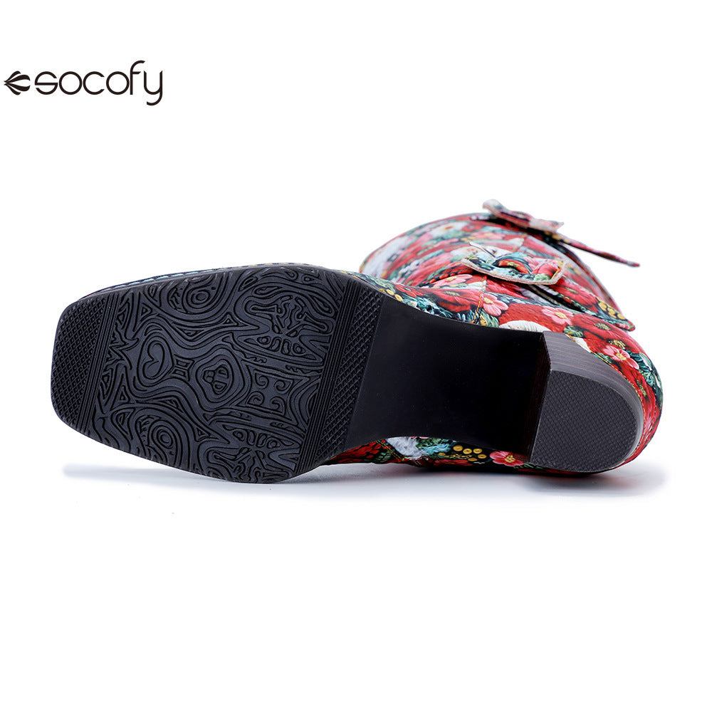 Chrismas Exclusive｜Socofy Vicconfy Vintage Print Casual Chunky Heel Comfort High Boots