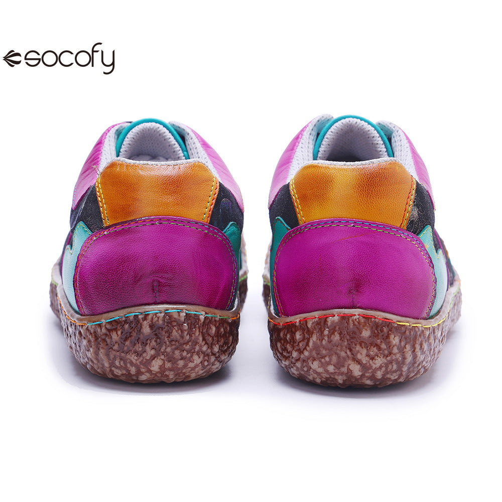 Socofy Vicconfy Genuine Leather Retro Lace Up Comfortable Casual Women's Shoes