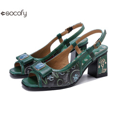 Socofy Handmade Leather Cubic Embossed Heeled Sandals