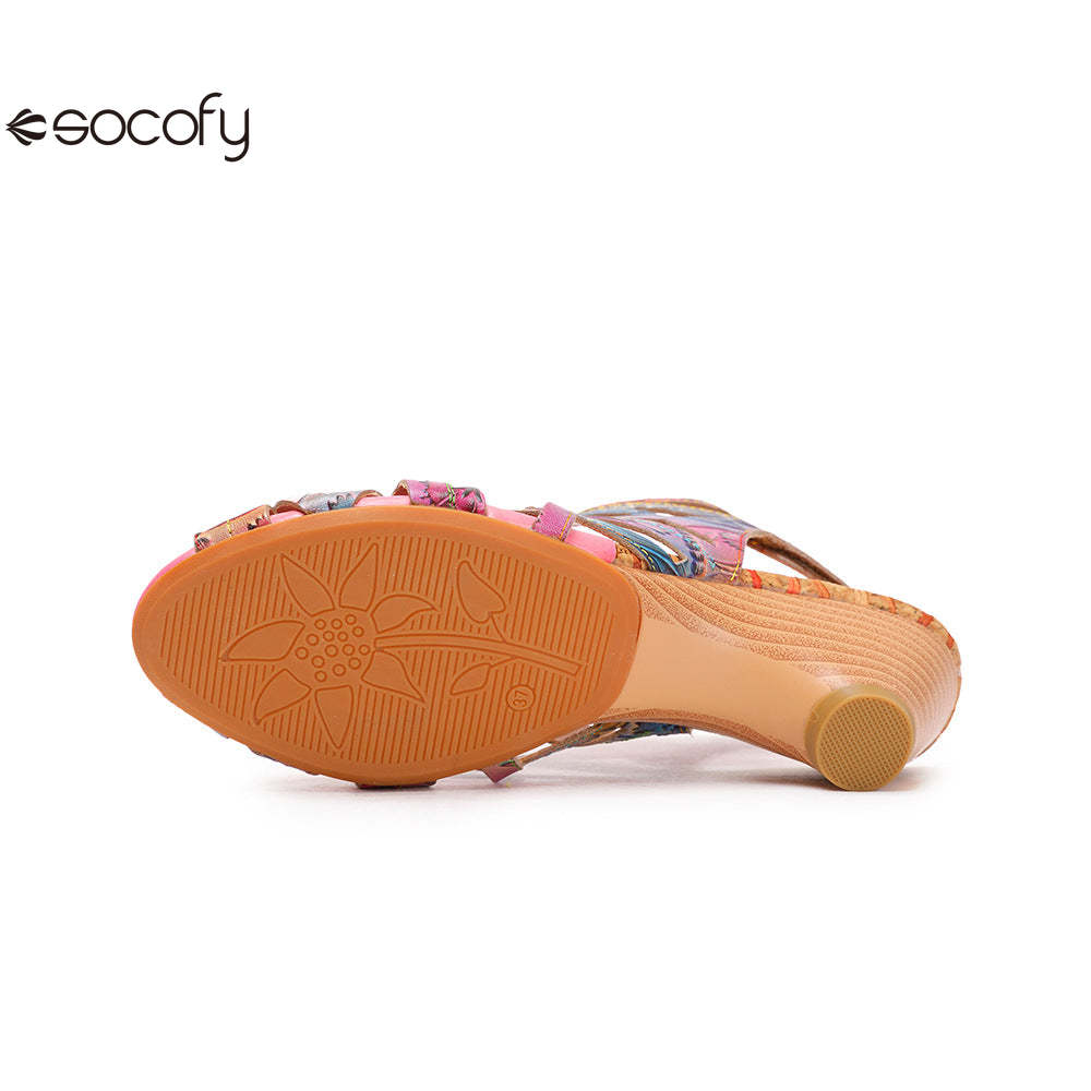 Socofy Summer ethnic style cowhide retro casual fish mouth women's sandals