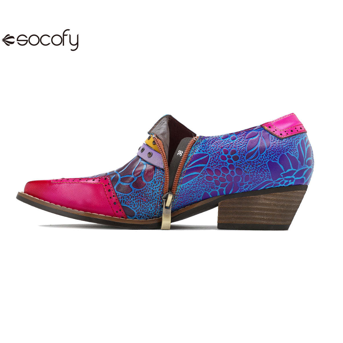 Socofy Leather Vintage Cowboy Style Women's Shallow Mouth Single Shoes