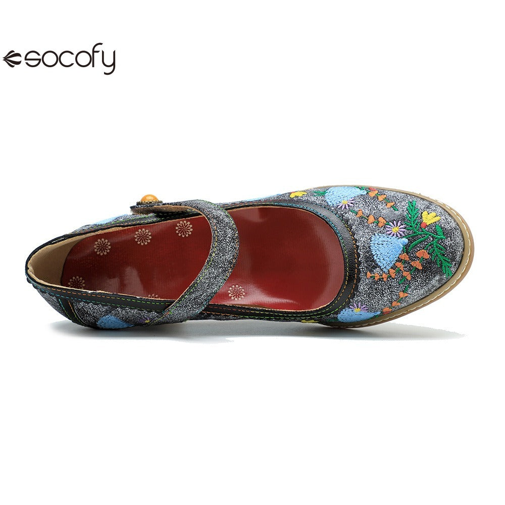 Socofy Spring and summer new retro embroidery Mary Jane thick heeled comfortable high heels