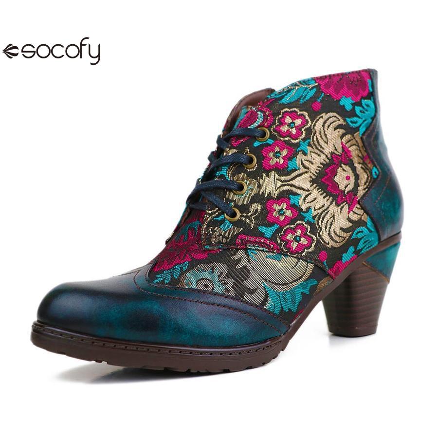 Socofy Genuine Leather short Embroidered flowers round toe high heel fashion boots for women