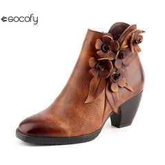 Socofy Genuine Leather Handmade Square Toe Vintage Handmade Flower Boots Woman