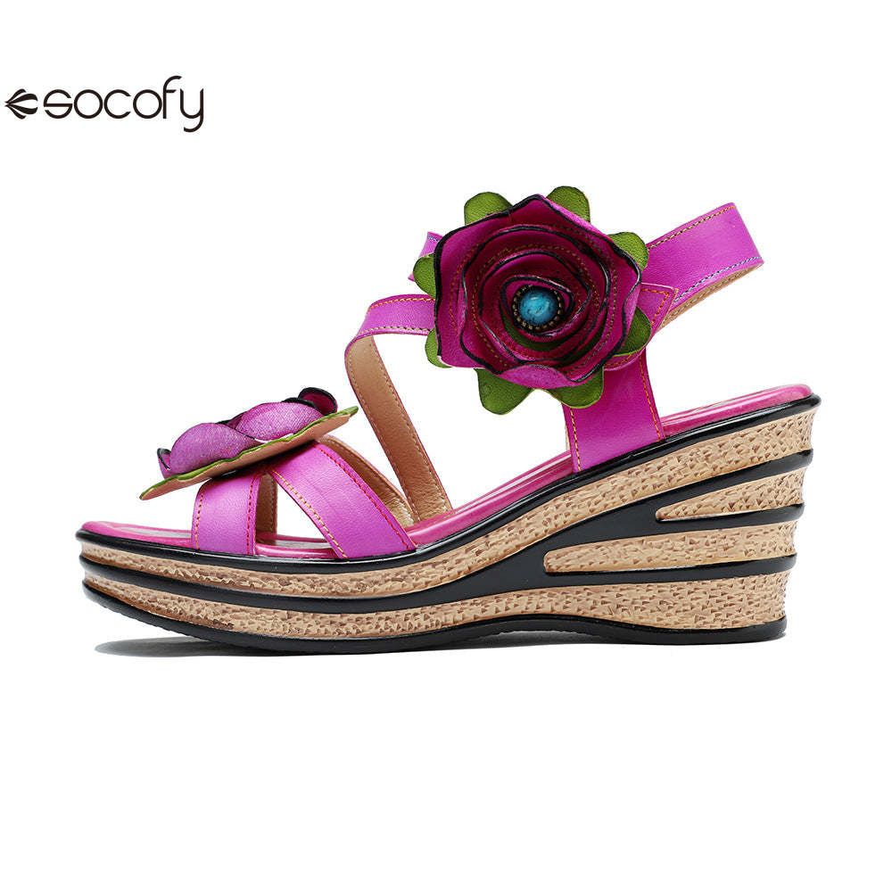 Socofy summer leather three-dimensional flowers comfortable sloping sandals