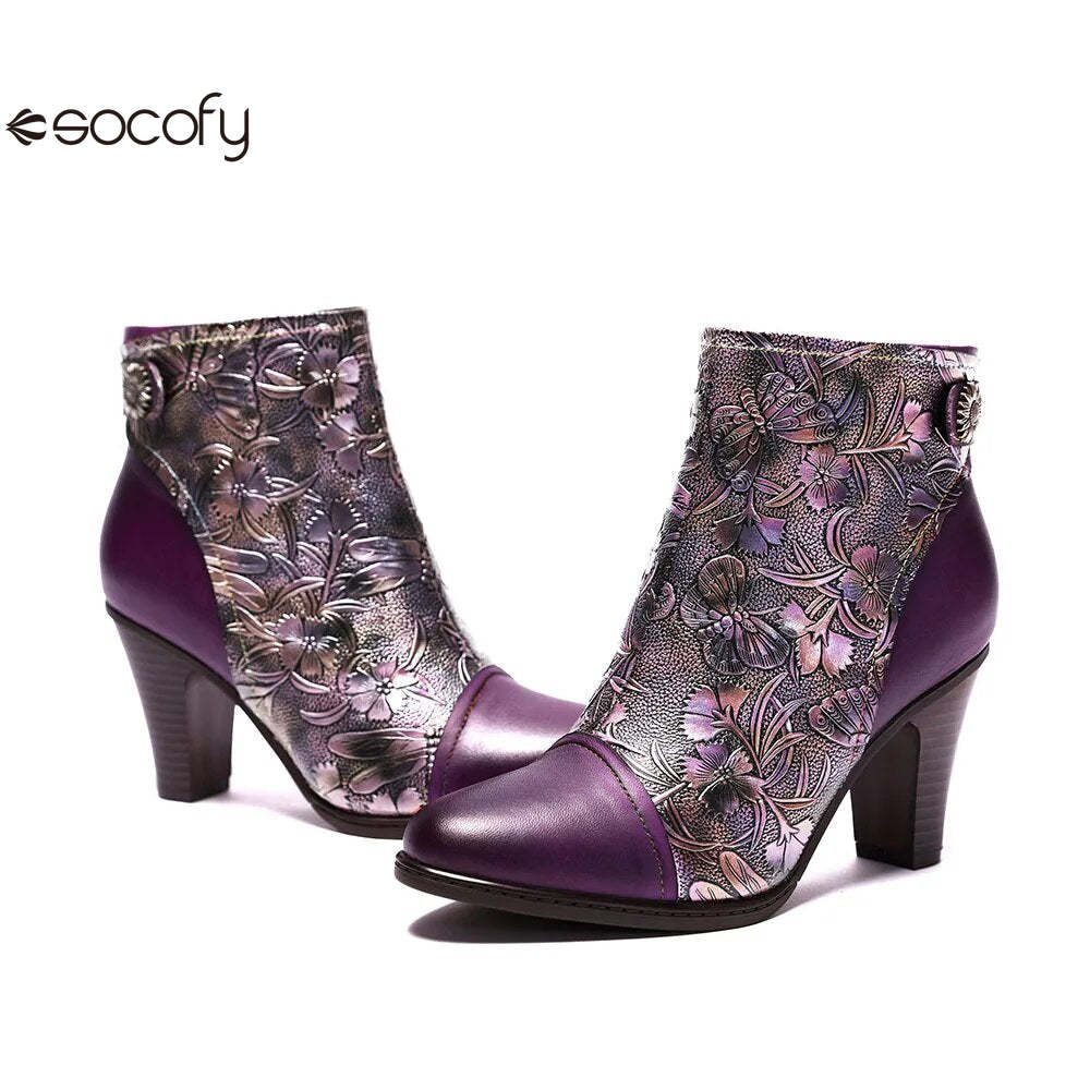 SOCOFY Genuine Leather Retro Handmade Exquisite Embossed Fashion Zip Winter Boots