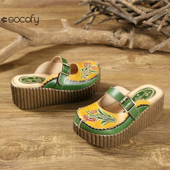 Socofy Ethnic Style Genuine Leather Hand-painted Outside Wedges Slides Retro Platform Slippers