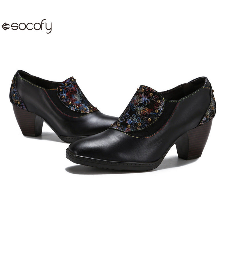 Socofy Vicconfy Round Toe Leather Fashion Side Zipper Heels Single Shoes Women's Shoes